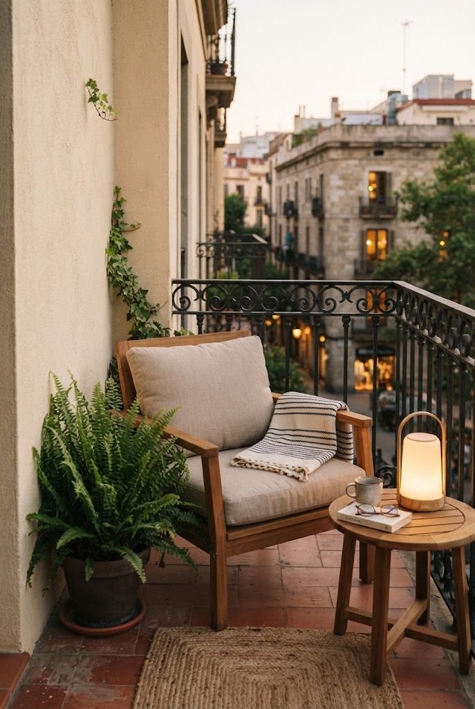 Tiny balcony corner with a cushioned teak armchair, a glowing lantern lamp and a potted fern at dusk
