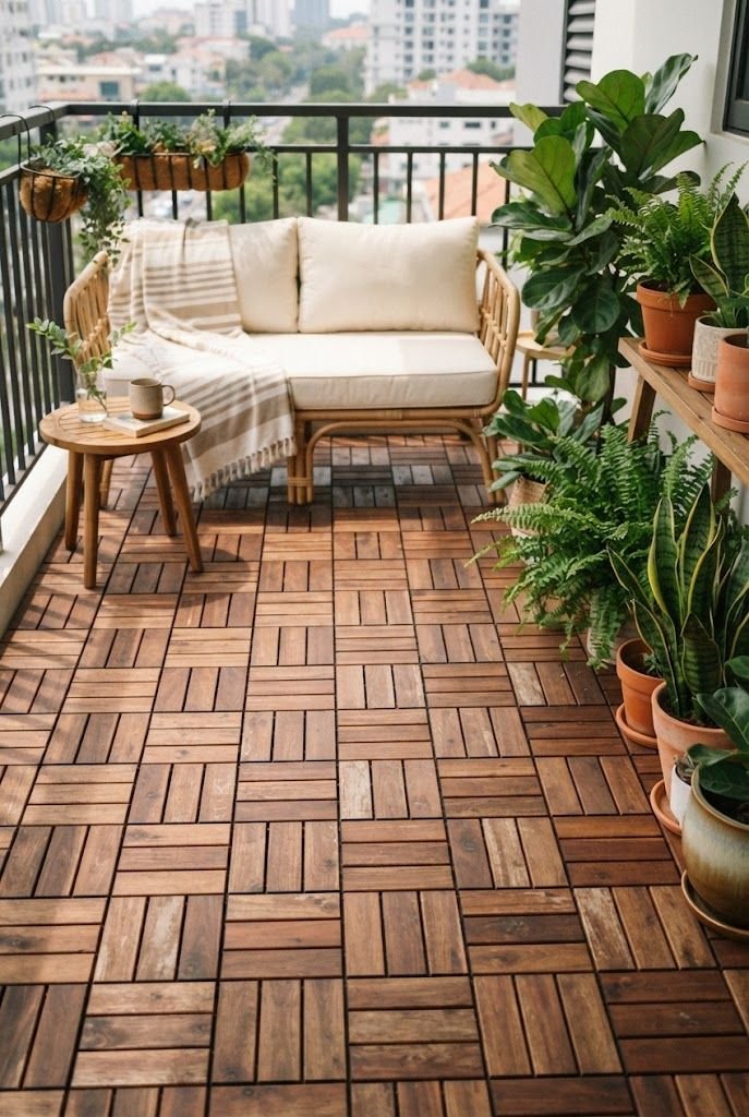 Interlocking acacia wood deck tiles covering a balcony floor with a cream rattan loveseat and potted plants