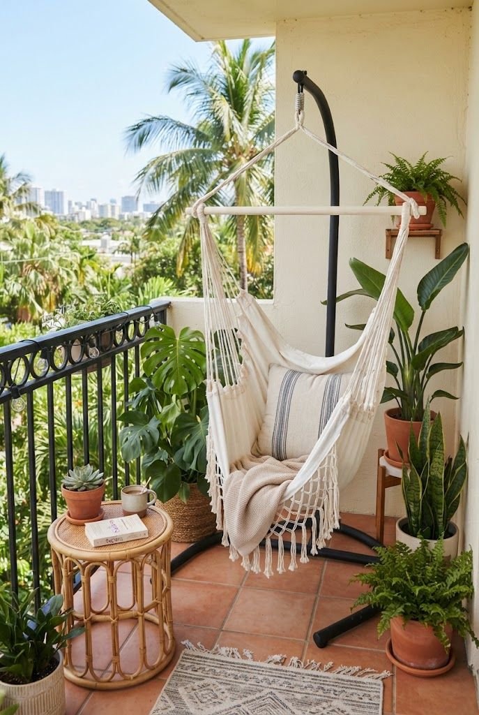 White cotton hammock chair on a stand in a tropical balcony corner with potted plants and a rattan side table