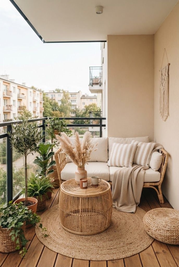 Neutral balcony with a rattan sofa, cream cushions, round rattan table, jute rug and pampas grass in a vase