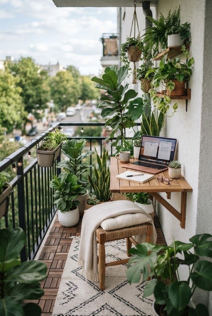 Fold-down wall desk with a laptop and a cushioned stool surrounded by plants on a narrow apartment balcony