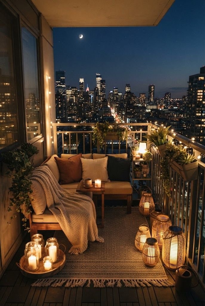 High-rise balcony at night glowing with lanterns and candles around a cushioned loveseat above city lights