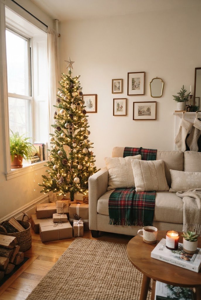 Small apartment living room with a slim pencil Christmas tree with warm white lights by the window and a framed gallery wall