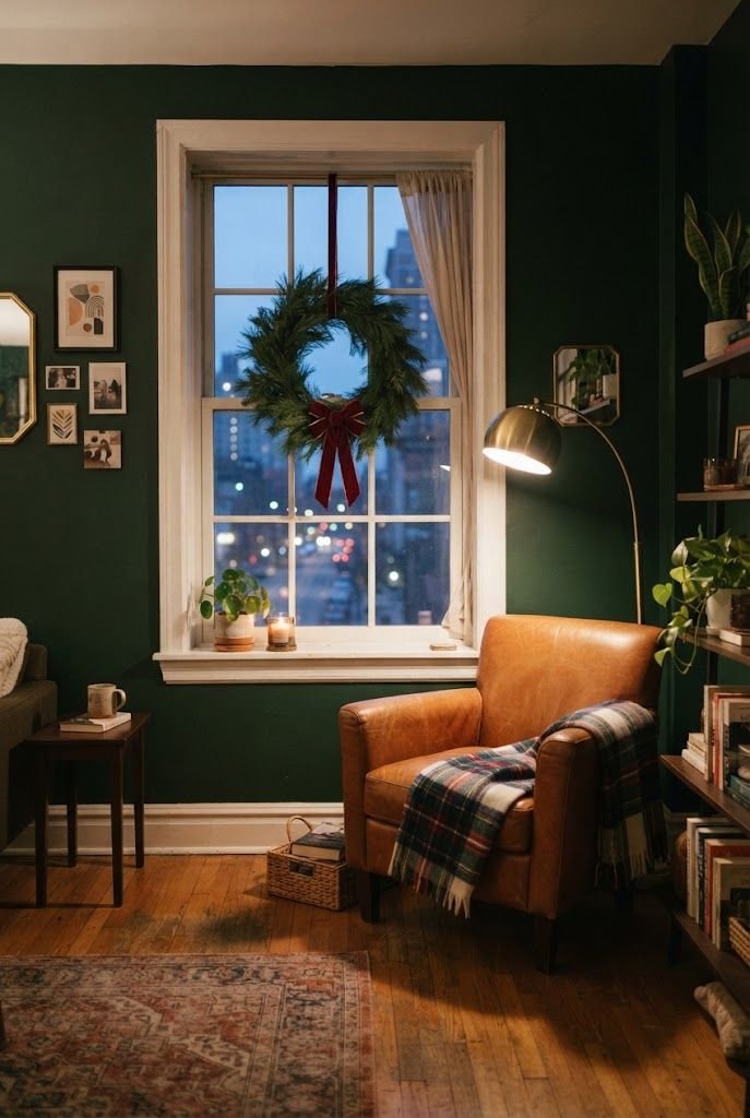 Pine wreath with a red velvet bow hung in a window of a dark green apartment living room with a leather armchair