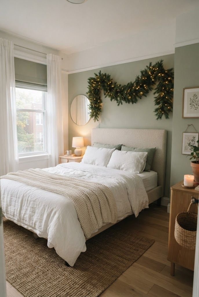 Sage green apartment bedroom with a lit pine garland draped above an upholstered headboard and white linen bedding