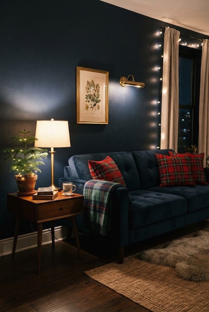 Navy velvet sofa with red tartan plaid pillows and a plaid throw in a navy apartment living room at night