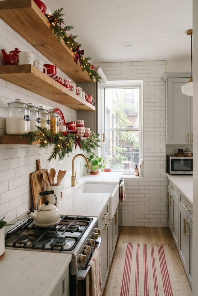 Galley apartment kitchen with open wood shelves of red and white dishes and a cedar garland tucked along the shelves