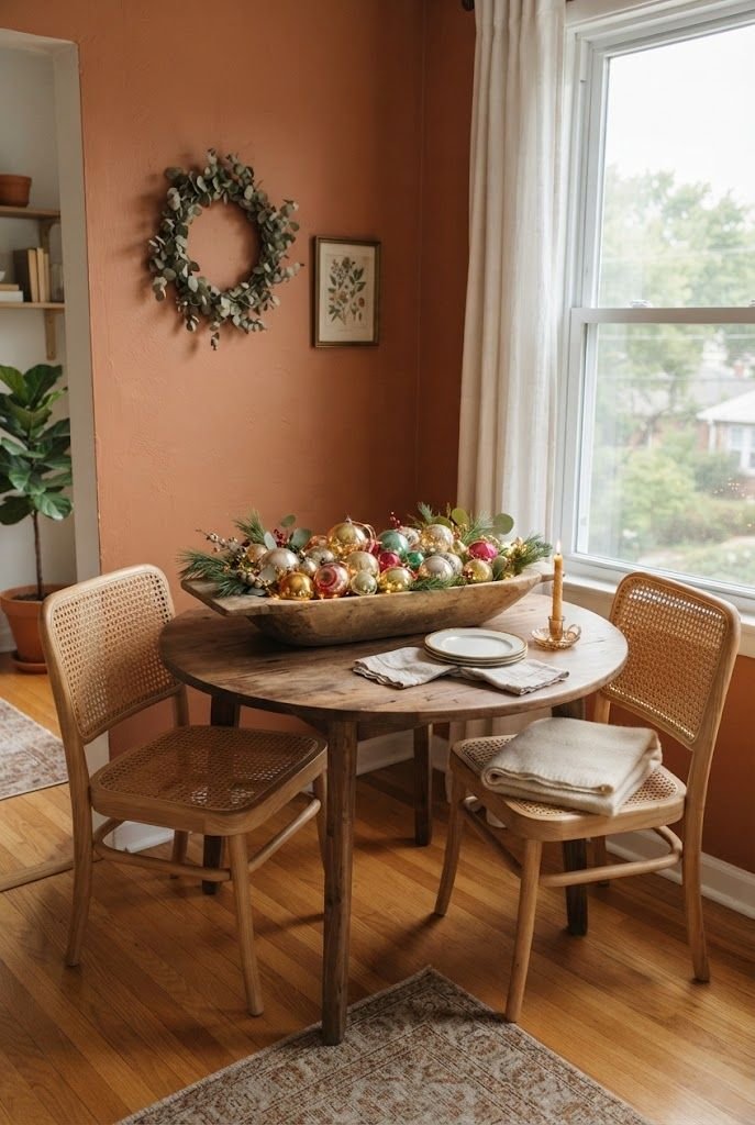 Wooden dough bowl filled with vintage glass Christmas ornaments on a round table in a terracotta dining nook
