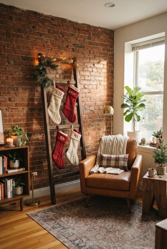 Wooden blanket ladder with red and cream knit stockings leaning on an exposed brick wall beside a leather armchair