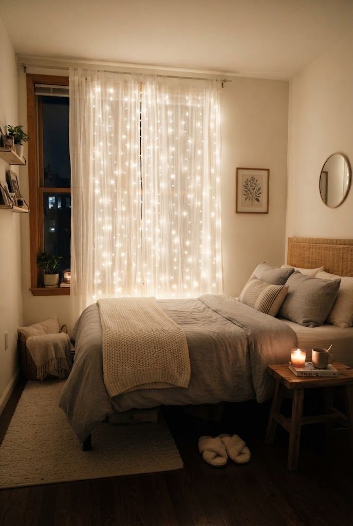 Warm fairy light curtain glowing behind sheer white panels in a small apartment bedroom with gray bedding at night