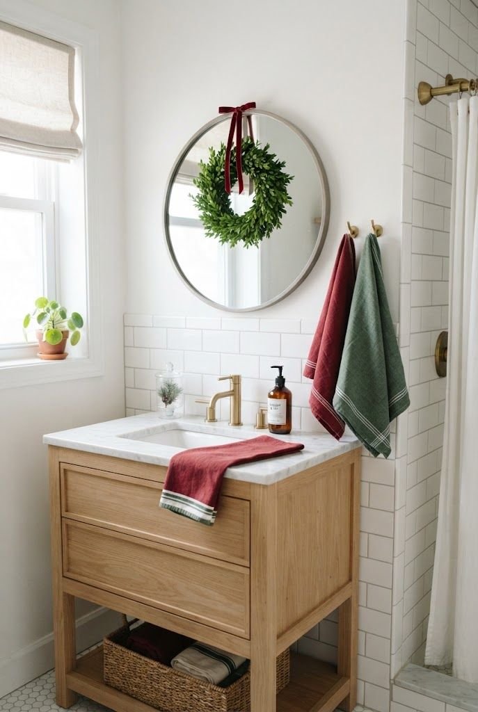 Small boxwood wreath with a red ribbon on a round bathroom mirror above a wood vanity with red and green towels