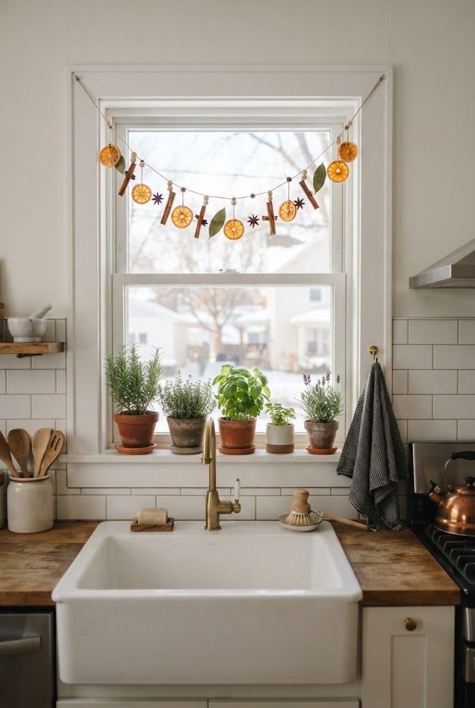 Dried orange slice and cinnamon stick garland hung across a kitchen window above a farmhouse sink with potted herbs