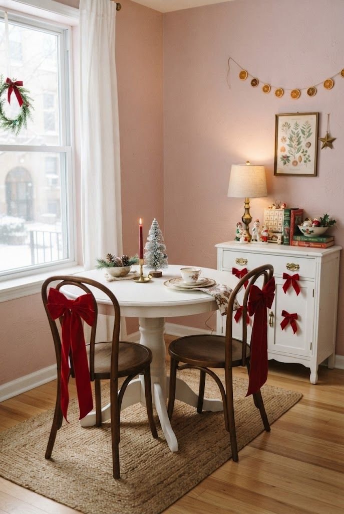 Red velvet bows tied on bentwood chairs and hutch knobs in a pink apartment dining nook with red taper candles