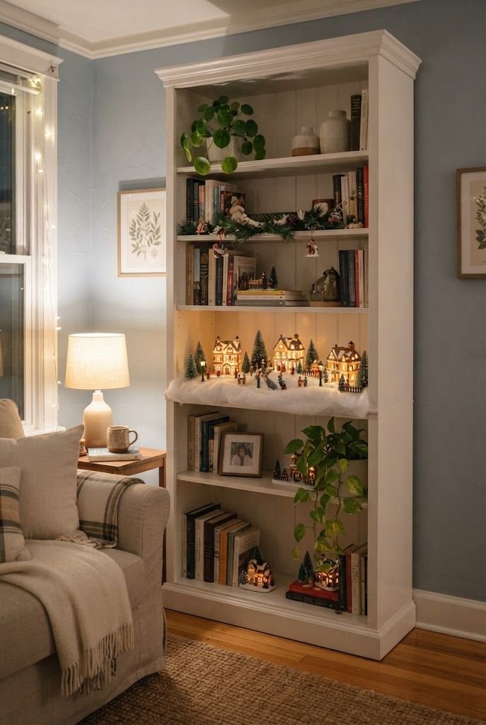 Ceramic Christmas village with glowing houses and cotton snow on one shelf of a tall white bookshelf