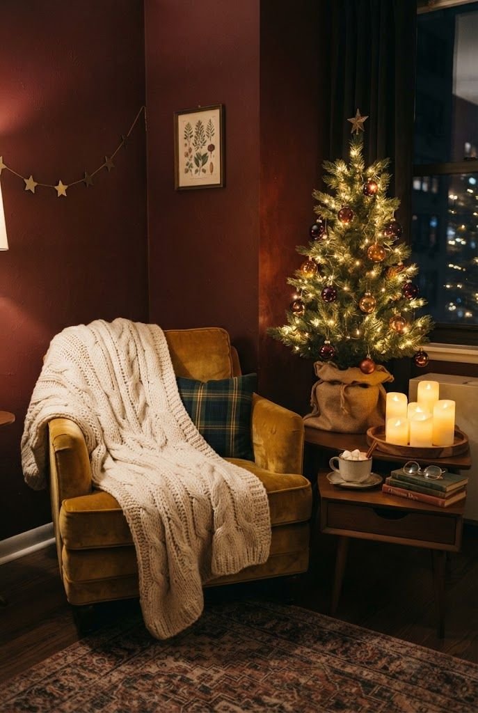 Mustard velvet armchair with a knit throw, small lit tree and glowing candles in a burgundy holiday reading nook
