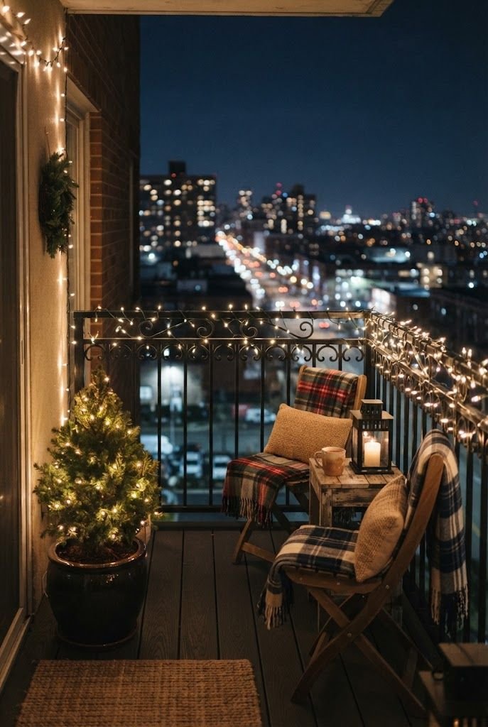 Small apartment balcony at night with railing wrapped in warm string lights, a lit potted evergreen and plaid chairs