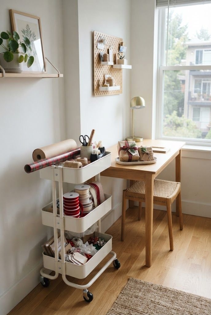 White rolling cart set up as a gift wrap station with paper rolls, ribbon and scissors beside a small desk