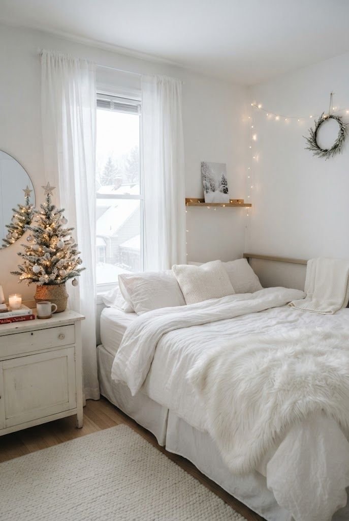 All-white winter apartment bedroom with faux fur throw, white bedding and a flocked mini tree on the nightstand