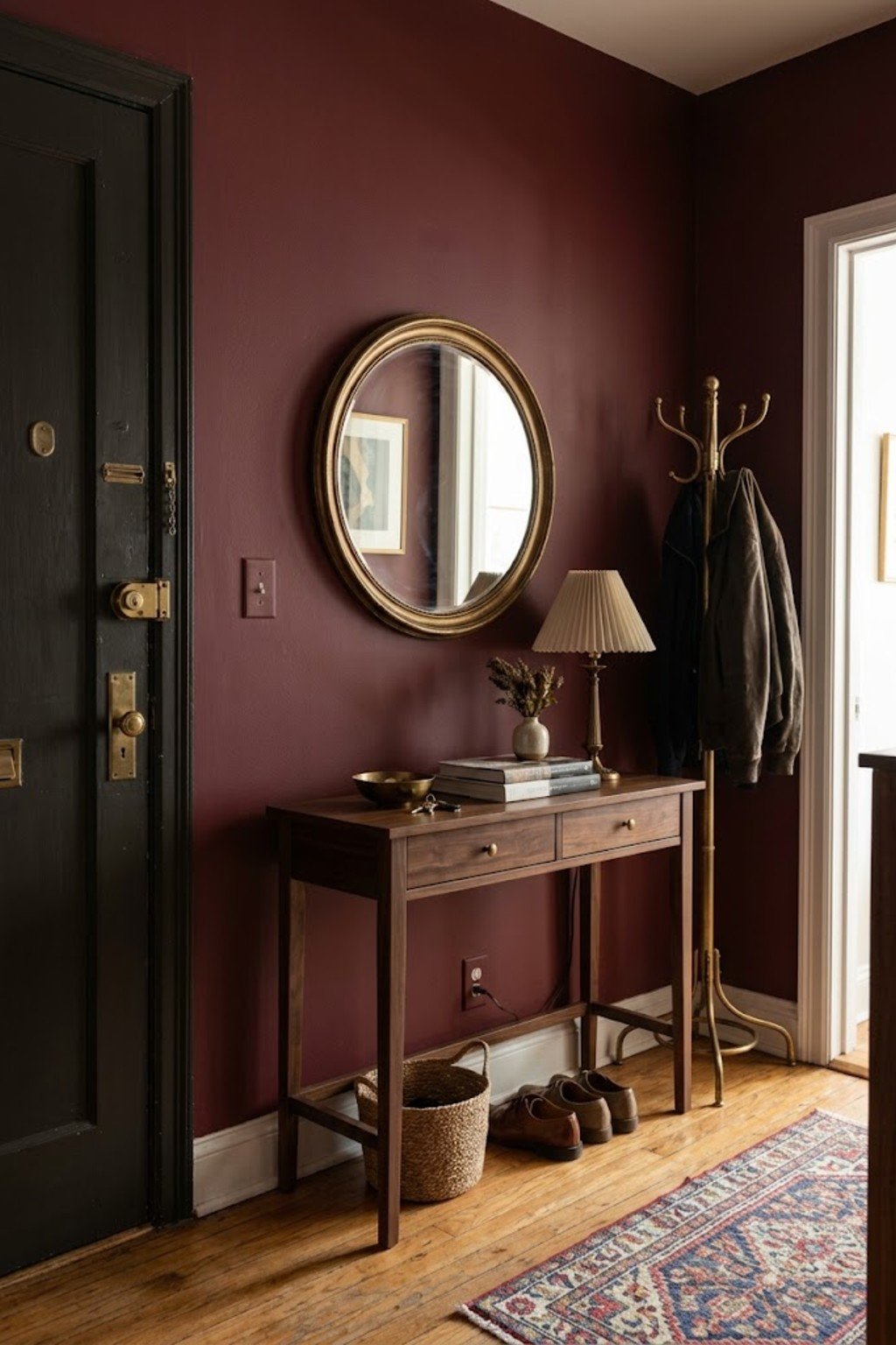Hang a round mirror above it in a small apartment entryway
