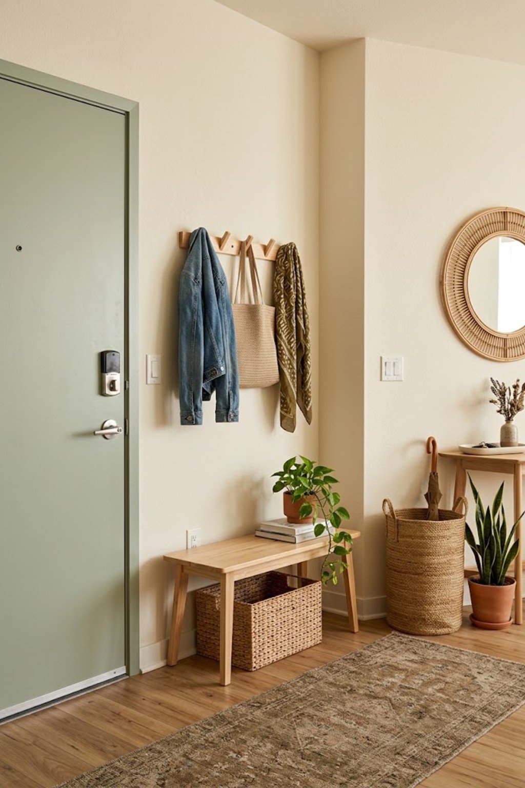 Add a row of wall hooks in a small apartment entryway