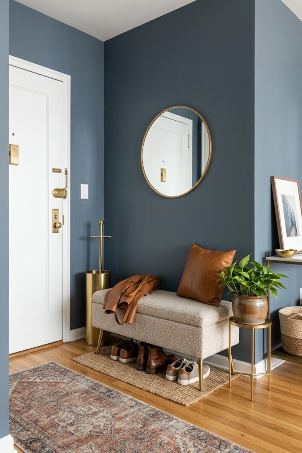 Place a small storage bench in a small apartment entryway