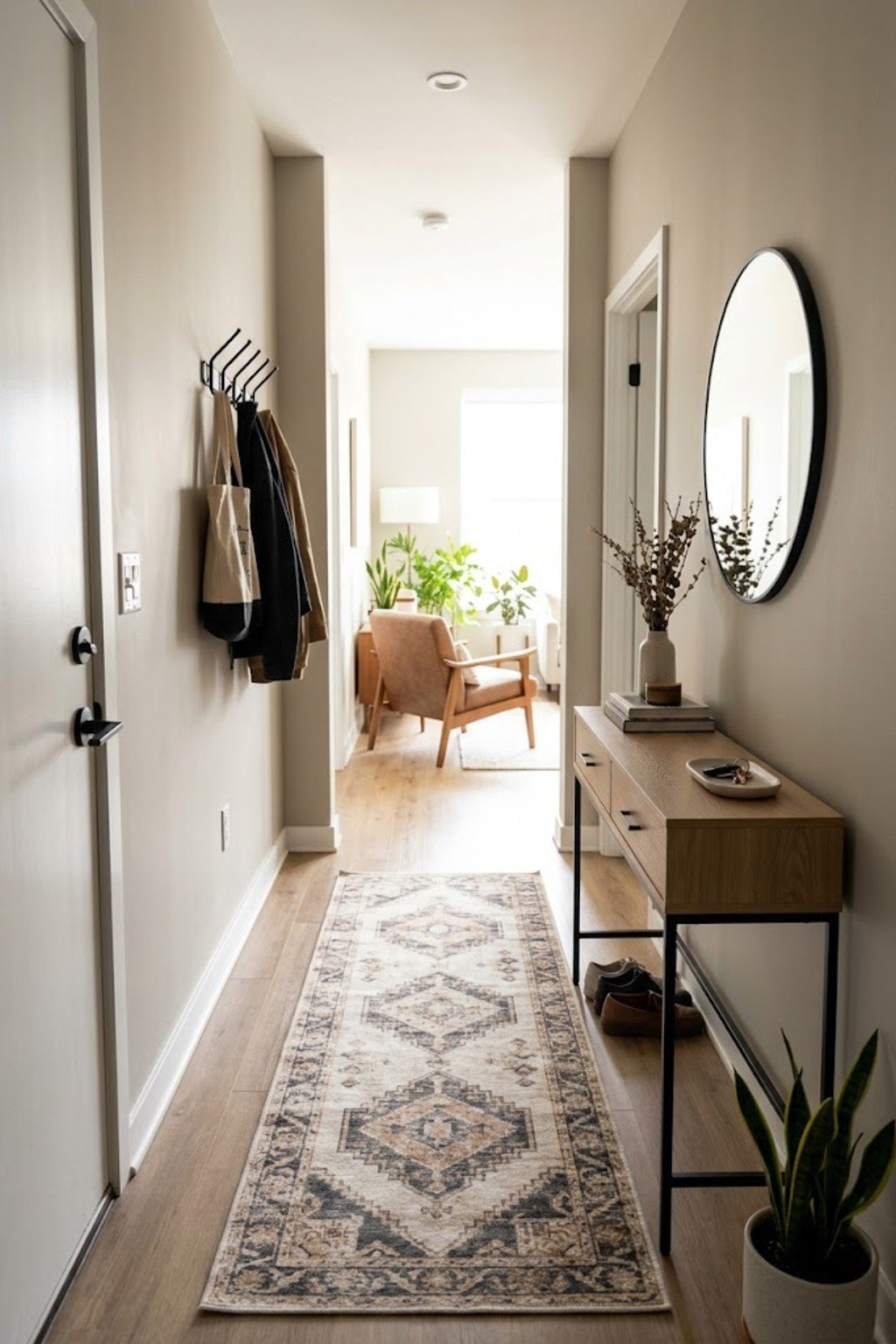 Lay a washable runner rug in a small apartment entryway