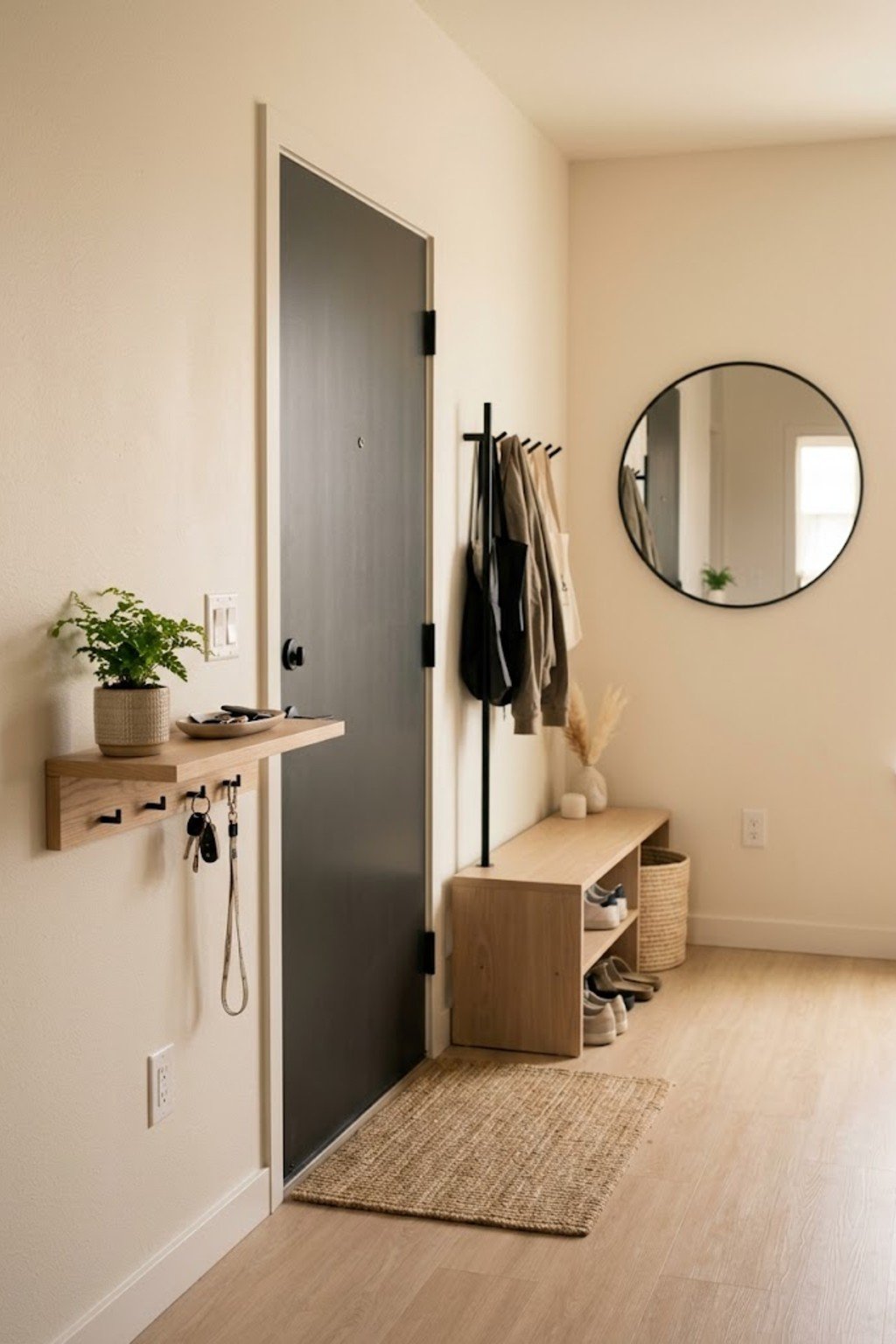 Mount a floating shelf in a small apartment entryway