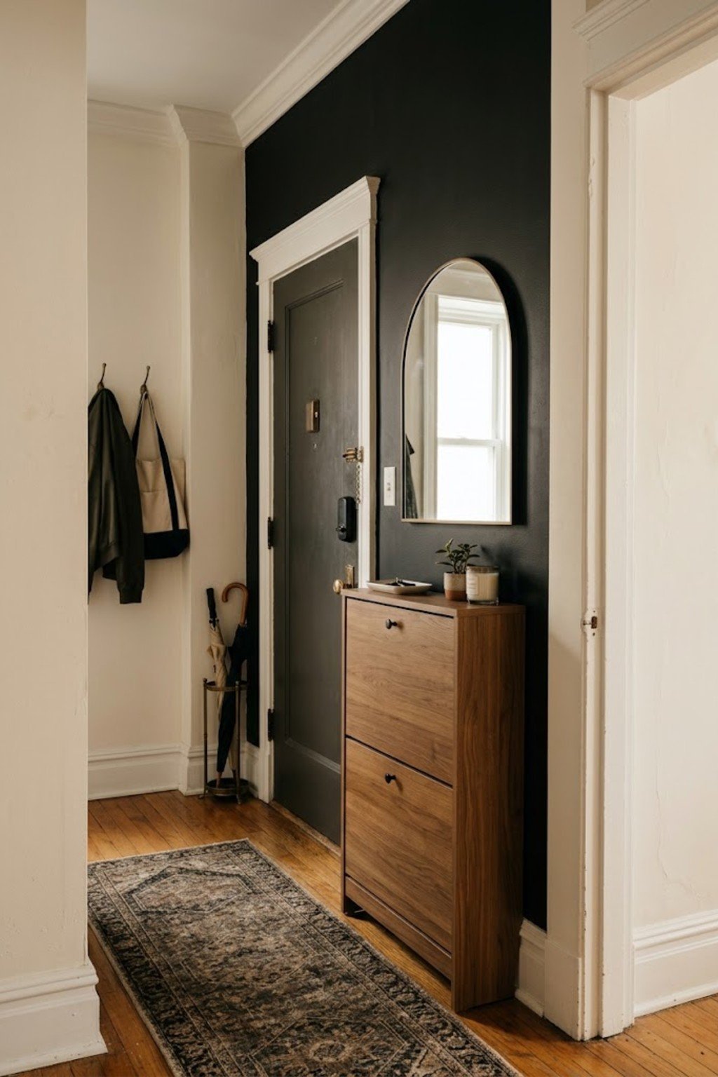 Add a slim shoe cabinet in a small apartment entryway