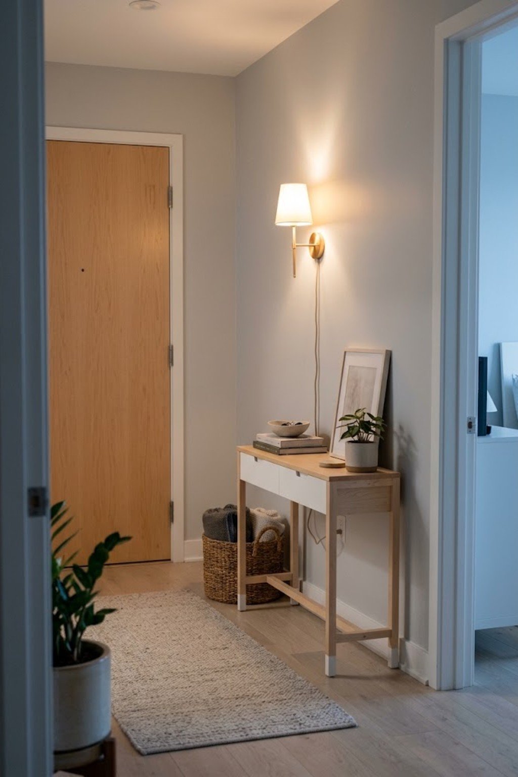 Use a plug-in wall sconce in a small apartment entryway