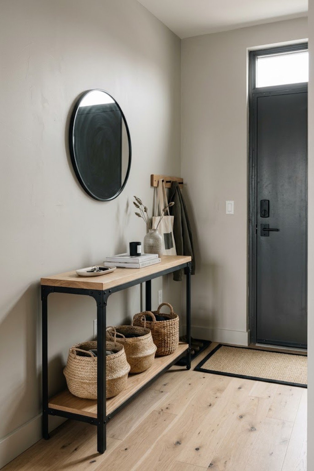 Use baskets for quick storage in a small apartment entryway