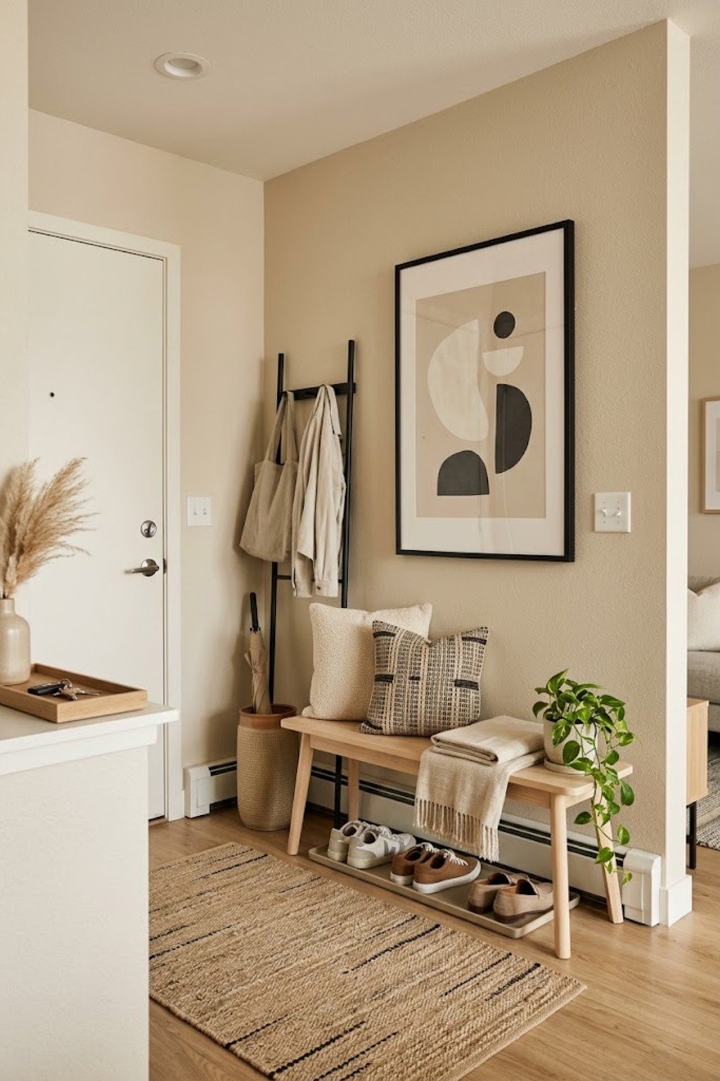 Hang art to define the zone in a small apartment entryway
