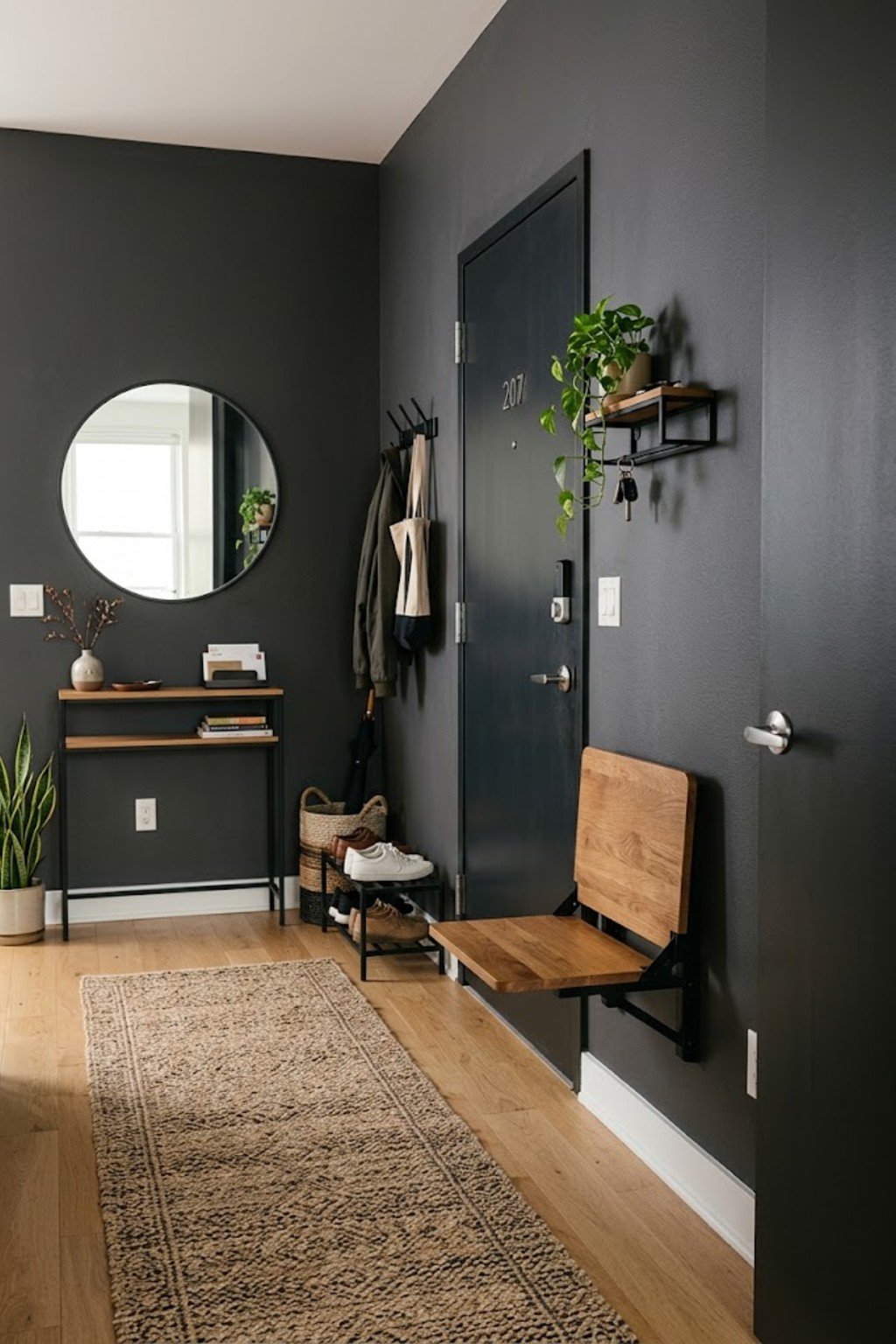 Try a wall-mounted fold-down seat in a small apartment entryway