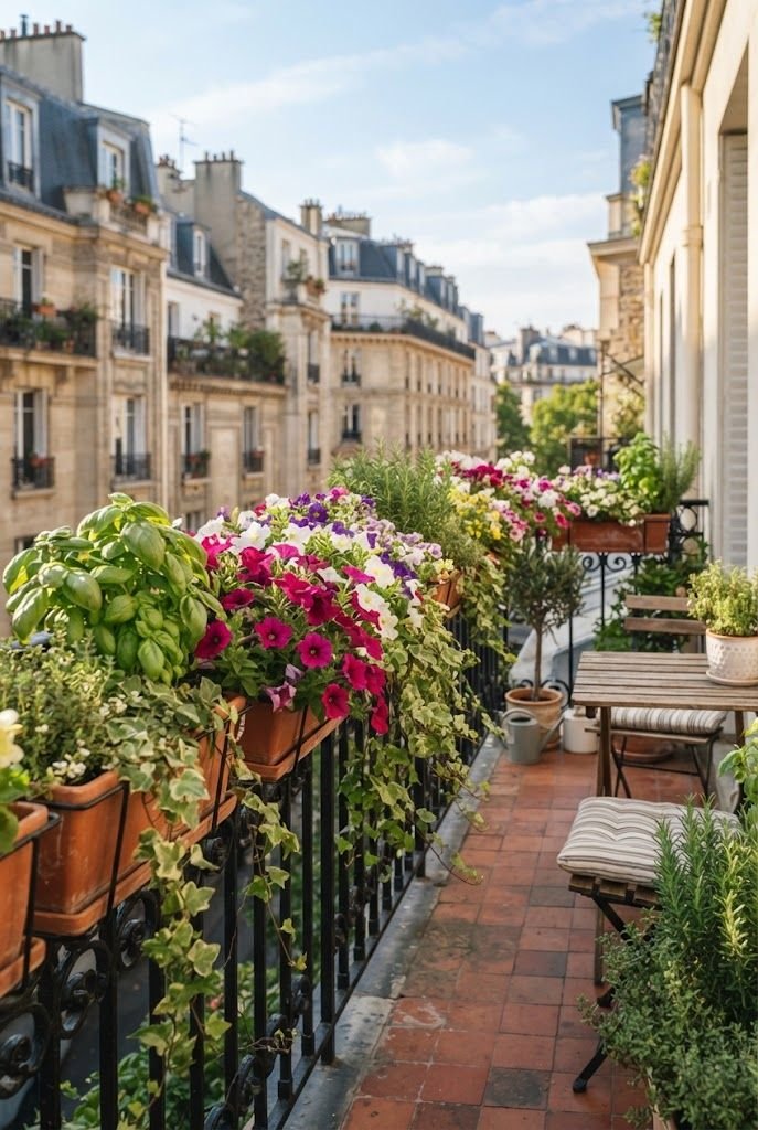 Railing planter boxes overflowing with petunias, basil and trailing flowers on a sunny apartment balcony