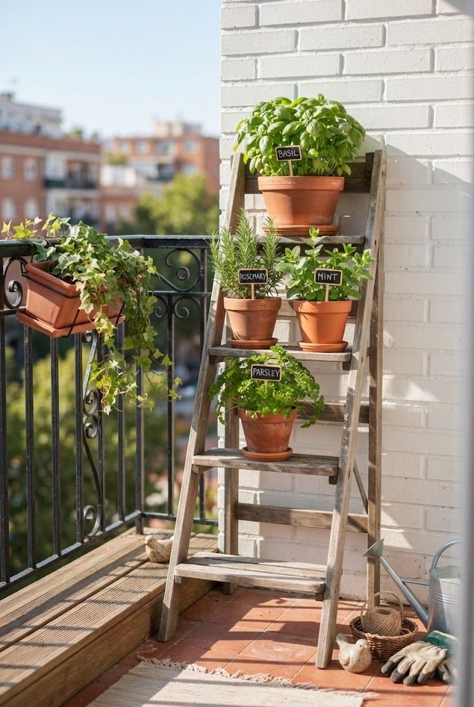 Wooden plant ladder with terracotta pots of basil, rosemary, mint and parsley on a sunny apartment balcony