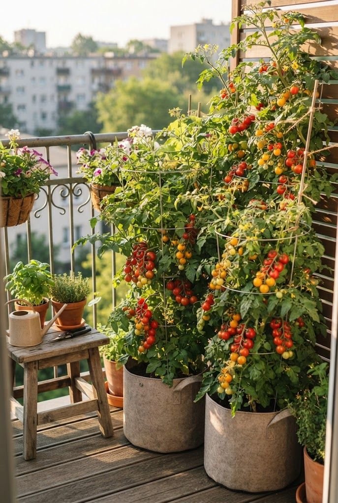 Cherry tomato plants heavy with red and yellow fruit growing in fabric grow bags on a sunny apartment balcony