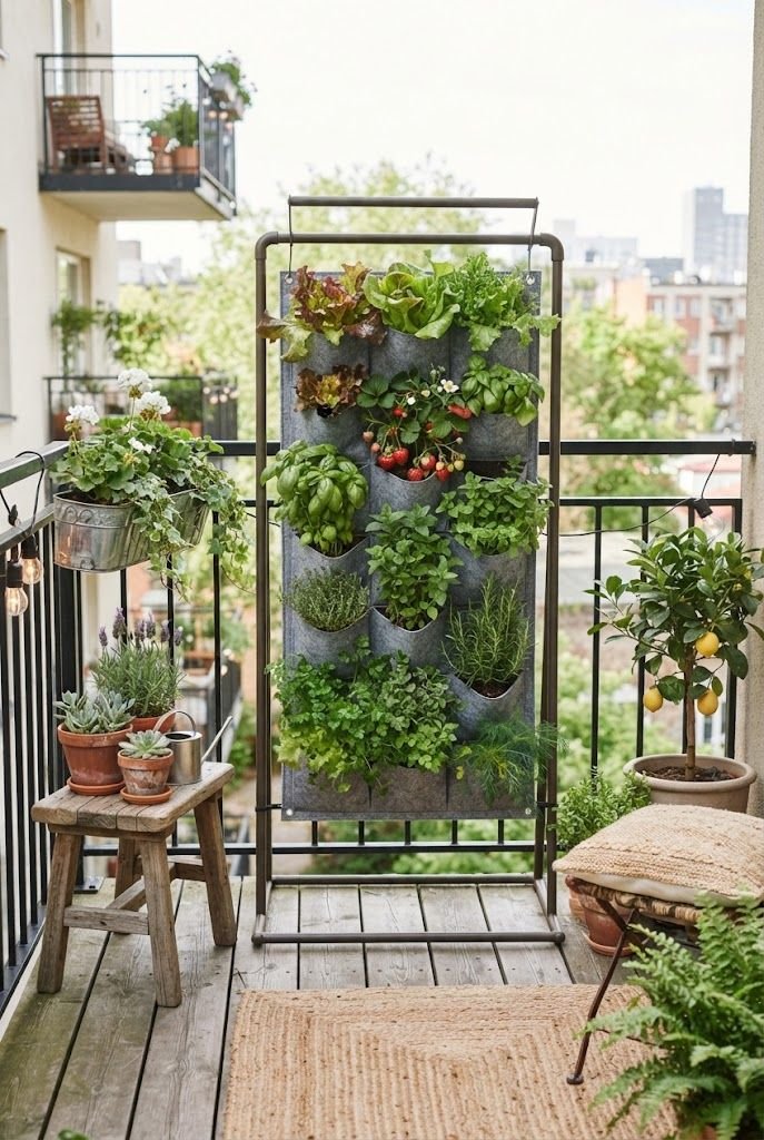 Freestanding felt pocket planter full of lettuce, strawberries and herbs on a small apartment balcony