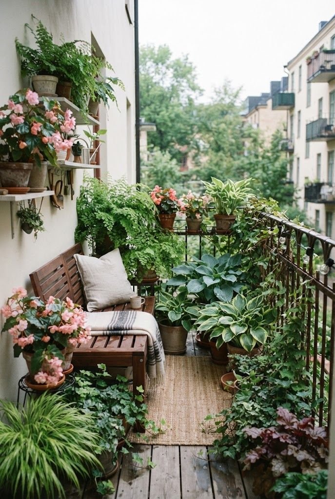 Shady apartment balcony garden with lush ferns, hostas and pink begonias around a wooden bench