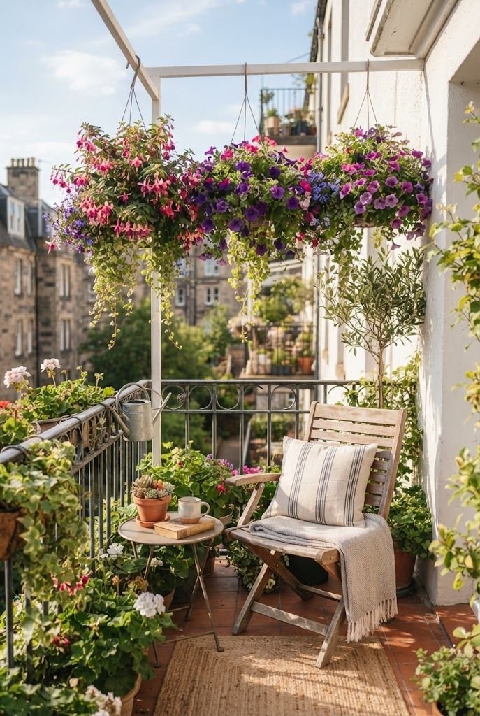 Hanging baskets overflowing with pink and purple flowers above a wooden chair on a sunny apartment balcony