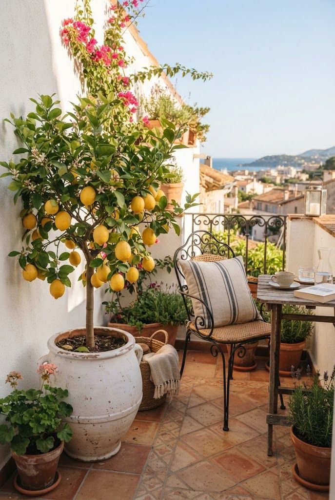 Dwarf Meyer lemon tree full of lemons in a large white pot on a sunny Mediterranean-style apartment balcony