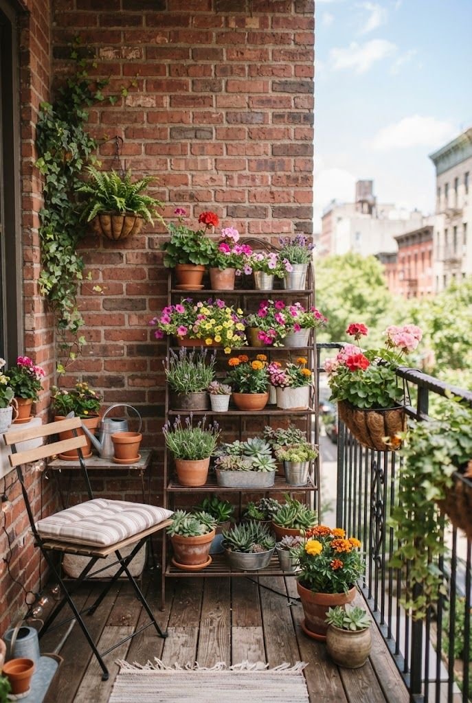 Tiered metal plant stand full of colorful flowers and succulents against a brick wall on an apartment balcony
