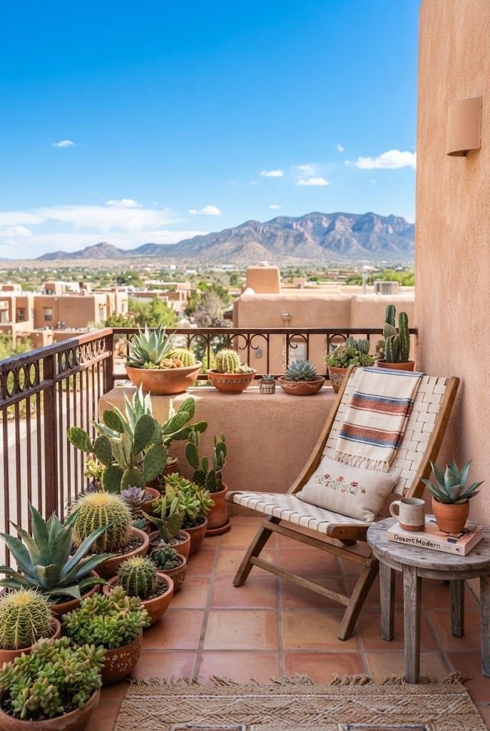 Southwest apartment balcony with cacti and succulents in terracotta bowls, a sling chair and desert mountain view