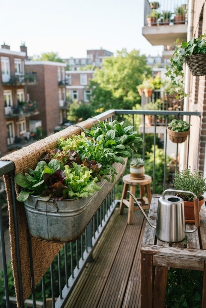 Galvanized trough planter of lettuce and leafy greens hung on a balcony railing beside a metal watering can