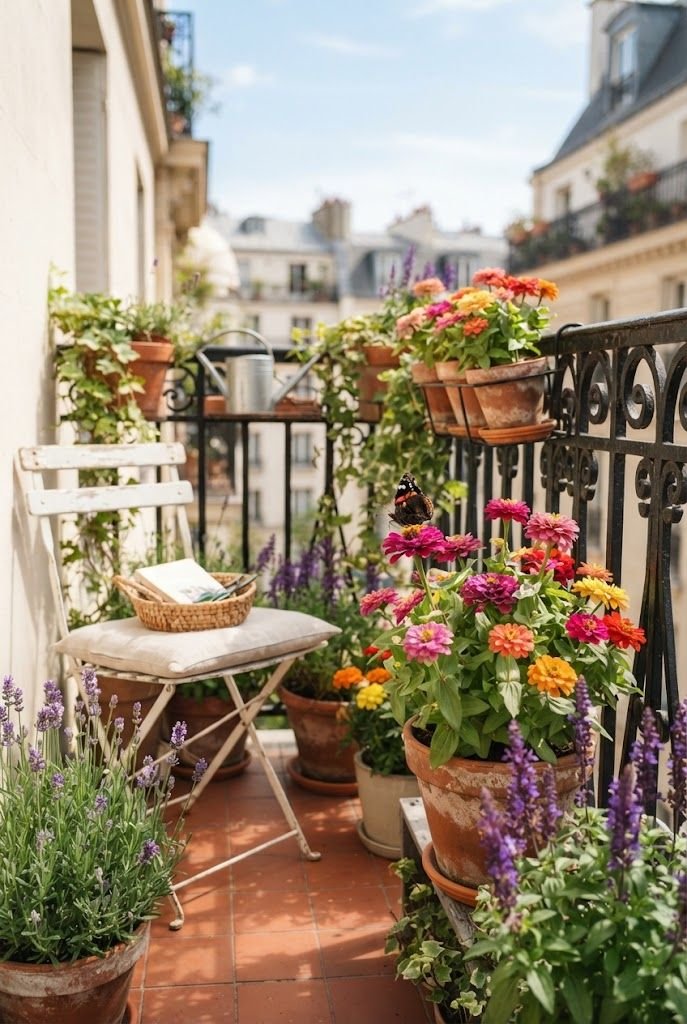 Pots of lavender, salvia and colorful zinnias with a butterfly beside a white chair on a sunny apartment balcony