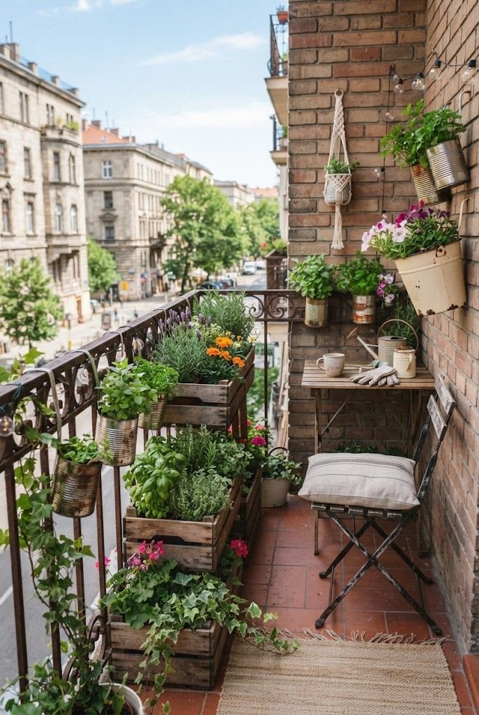 Herbs and flowers growing in upcycled wooden crates and tin cans along a narrow apartment balcony railing