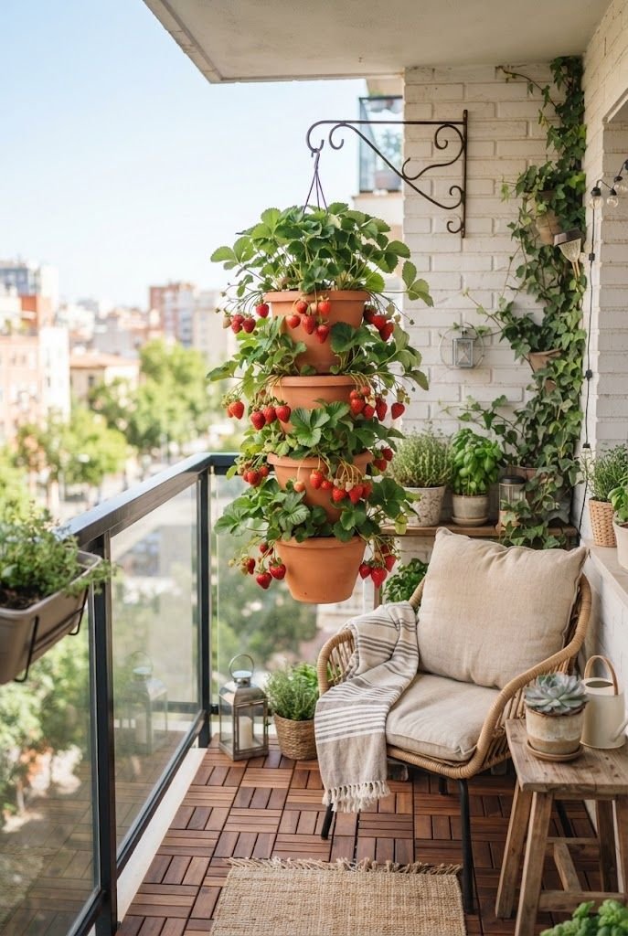 Hanging tiered planter full of ripe strawberries above a rattan chair on a sunny apartment balcony