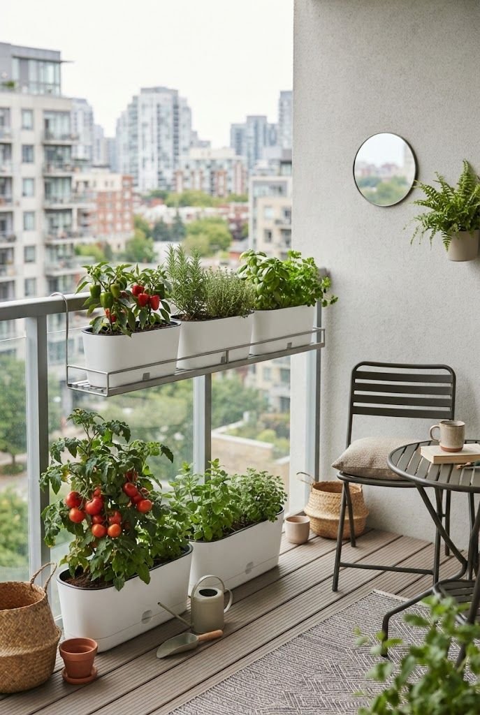 White self-watering planters with tomatoes, peppers and herbs on a modern high-rise apartment balcony