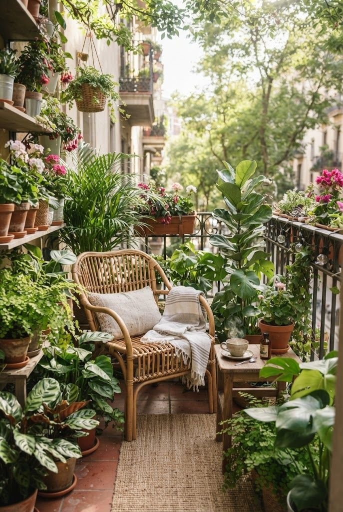 Rattan chair tucked among potted palms, ferns and flowers in a lush apartment balcony garden with a cup of tea