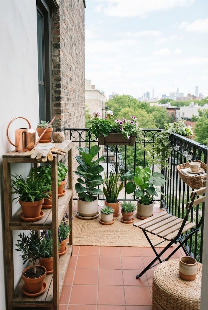 Tidy apartment balcony garden with potted plants on saucers, a copper watering can and gloves on a wooden shelf
