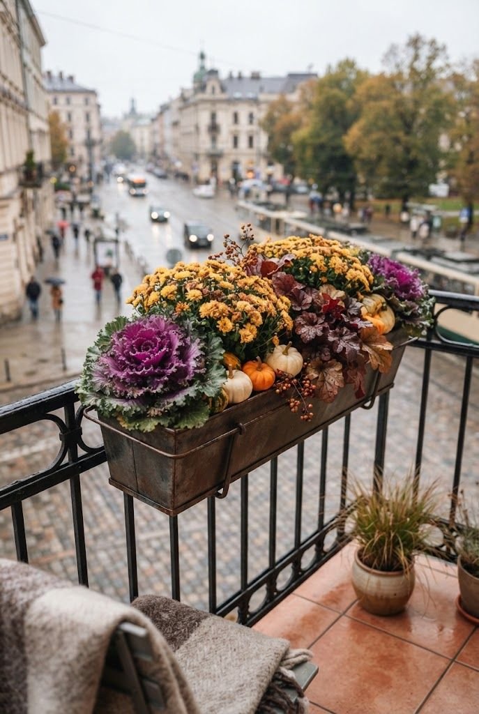 Railing planter box with purple ornamental kale, yellow mums and mini pumpkins on a rainy fall city balcony