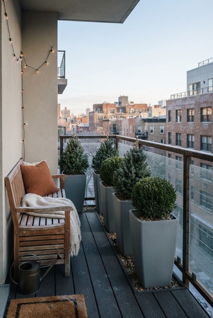 Dwarf spruce and boxwood topiaries in tall gray planters lining a narrow city balcony beside a teak bench in winter